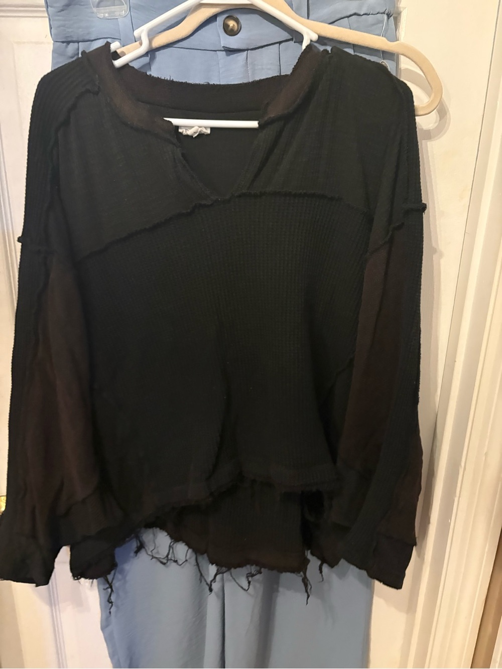 POL Black Raw-Edge Lightweight Long-Sleeve Top
